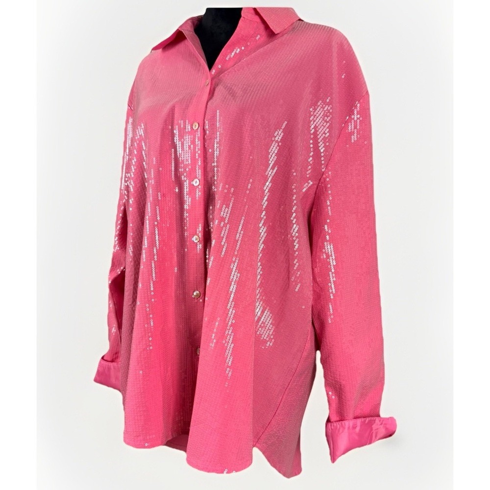 GeeGee Pink Sequin Button Up Blouse Plus Size‎ 1XL Oversized Tunic Top